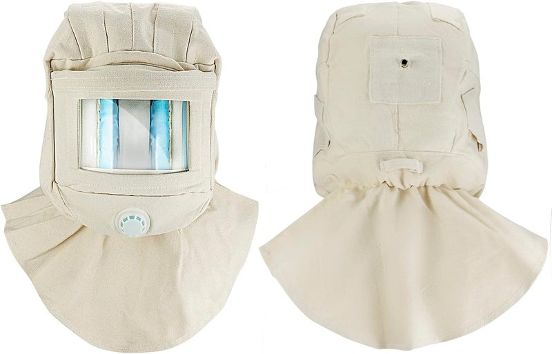 QWORK Sand Blasting Hood Cap, Shawl Sandblaster Protective Gear Mask, Anti Dust/Wind Sandblasting Tool Mask, Heat / Cut / Scratch Resistant Neck Protector, White - Image 2